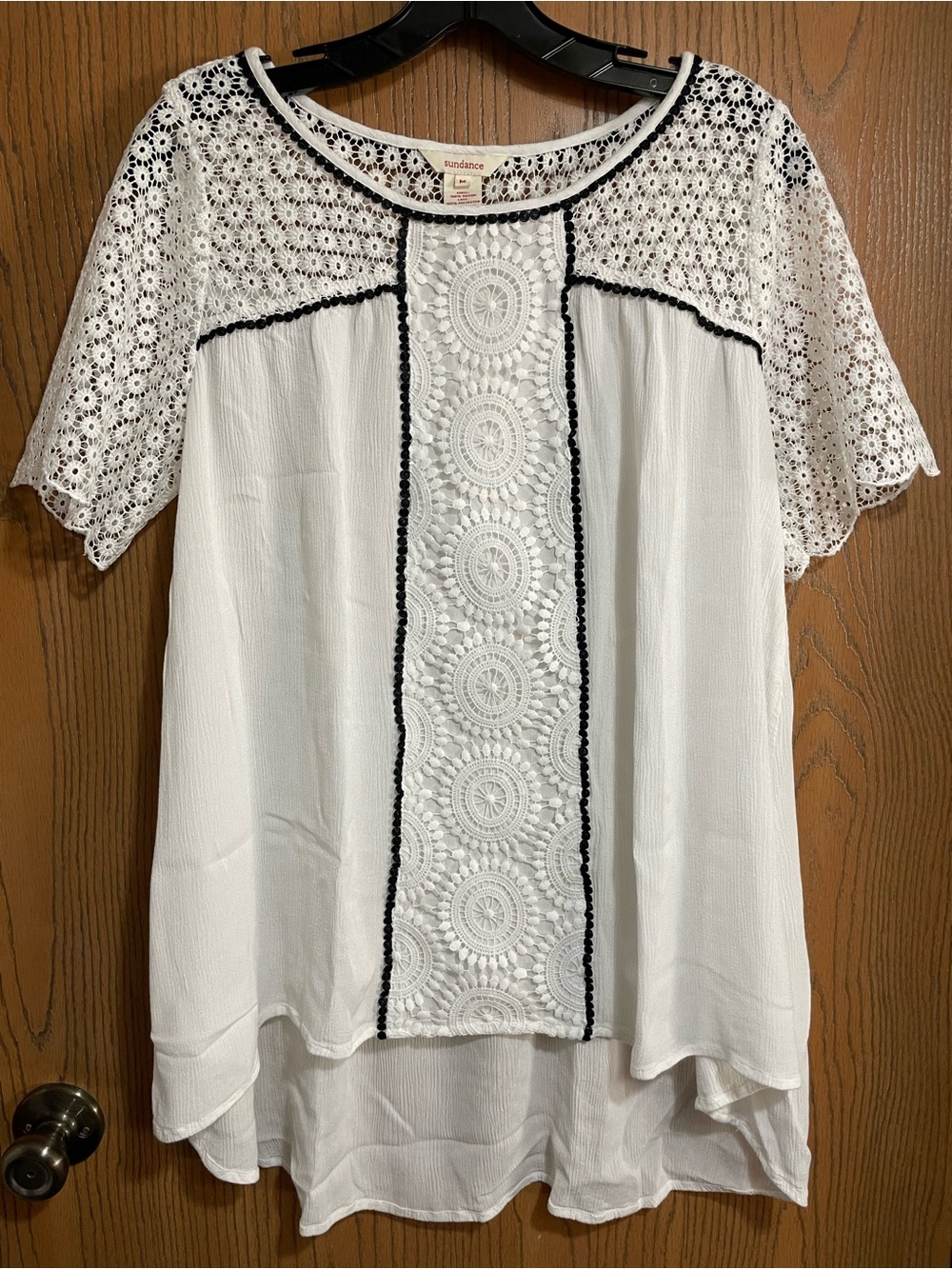 Sundance Lace Blouse Panel with Short Sleeves - White with Black Trim